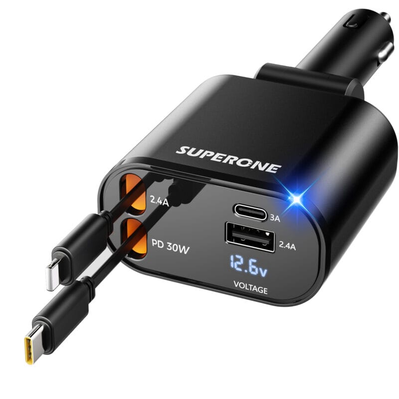 SUPERONE Retractable 4-in-1 Car Charger – Tangle-Free Fast Charging with 2.6ft Cord for All iPhones, Galaxy & Pixel SUPERONE Retractable 4-in-1 Car Charger - Tangle-Free Fast Charging with 2.6ft Cord for All iPhones, Galaxy & Pixel