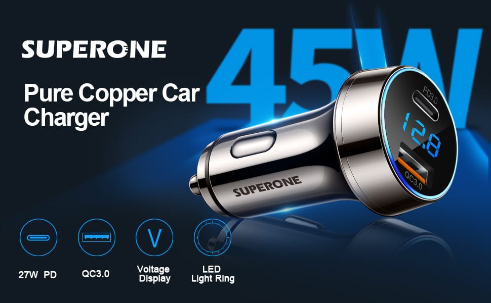 SUPERONE 45W Dual USB-C Car Charger with PD Fast Charging & LED Voltmeter插图 SUPERONE 45W Dual USB-C Car Charger with PD Fast Charging & LED Voltmeter插图