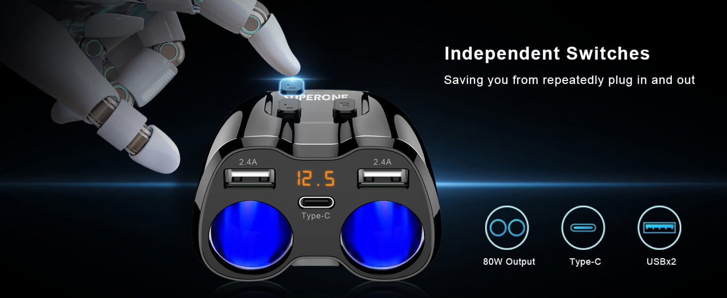 SUPERONE 2 Socket Cigarette Lighter Splitter 12/24V 80W Dual USB Type-C Adapter插图2 SUPERONE 2 Socket Cigarette Lighter Splitter 12/24V 80W Dual USB Type-C Adapter插图2
