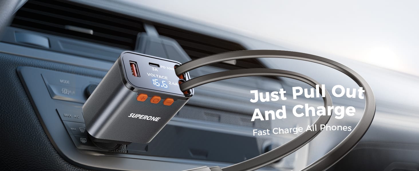 5 in 1 Retractable Car Charger, Small Bluetooth 5.3 Car Adapter, 69W Fast Car Charger, 2 Retractable Cables and USB Car Chargers插图 5 in 1 Retractable Car Charger, Small Bluetooth 5.3 Car Adapter, 69W Fast Car Charger, 2 Retractable Cables and USB Car Chargers插图