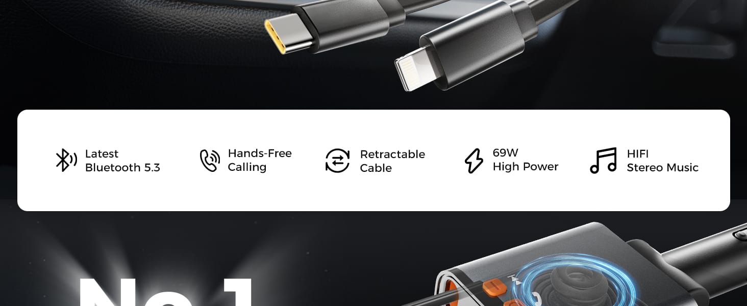 5 in 1 Retractable Car Charger, Small Bluetooth 5.3 Car Adapter, 69W Fast Car Charger, 2 Retractable Cables and USB Car Chargers插图1 5 in 1 Retractable Car Charger, Small Bluetooth 5.3 Car Adapter, 69W Fast Car Charger, 2 Retractable Cables and USB Car Chargers插图1