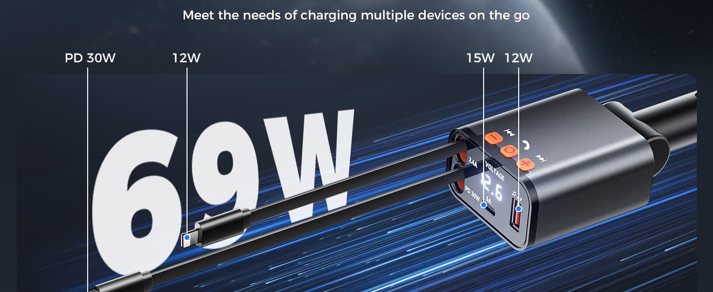 5 in 1 Retractable Car Charger, Small Bluetooth 5.3 Car Adapter, 69W Fast Car Charger, 2 Retractable Cables and USB Car Chargers插图3 5 in 1 Retractable Car Charger, Small Bluetooth 5.3 Car Adapter, 69W Fast Car Charger, 2 Retractable Cables and USB Car Chargers插图3