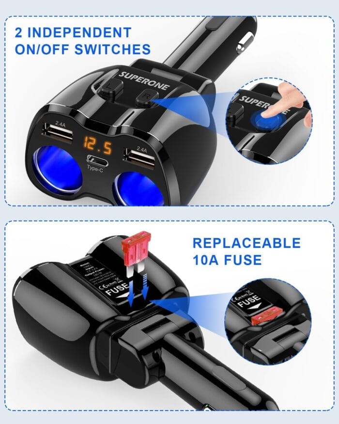 SUPERONE 2 Socket Cigarette Lighter Splitter 12/24V 80W Dual USB Type-C Adapter - Image 8
