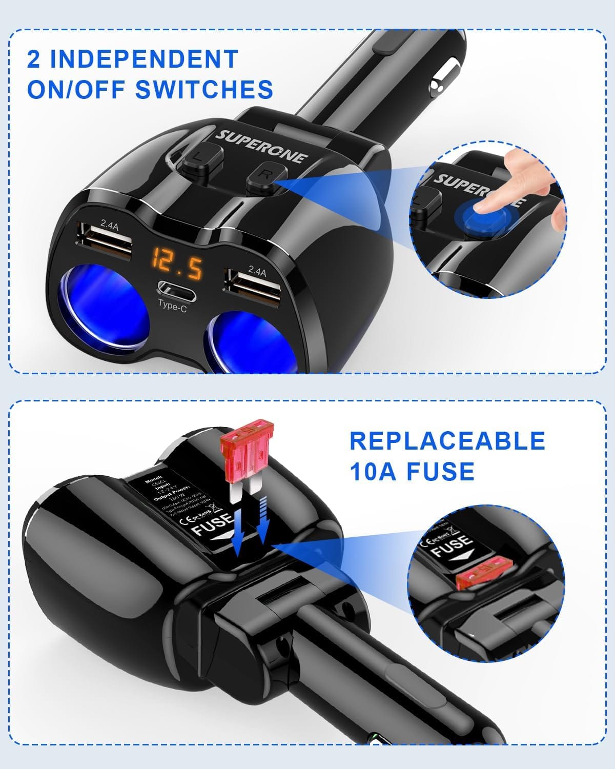 SUPERONE 2 Socket Cigarette Lighter Splitter 12/24V 80W Dual USB Type-C Adapter SUPERONE 2 Socket Cigarette Lighter Splitter 12/24V 80W Dual USB Type-C Adapter - Image 8