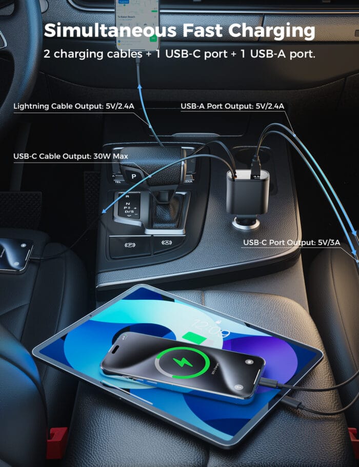 SUPERONE Retractable 4-in-1 Car Charger - Tangle-Free Fast Charging with 2.6ft Cord for All iPhones, Galaxy & Pixel - Image 6