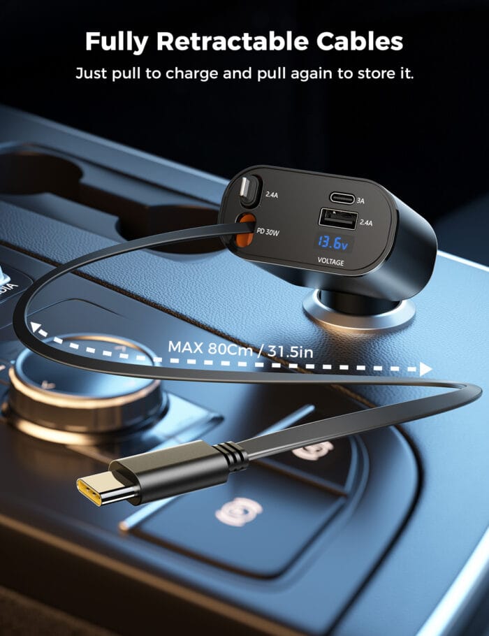SUPERONE Retractable 4-in-1 Car Charger - Tangle-Free Fast Charging with 2.6ft Cord for All iPhones, Galaxy & Pixel - Image 3