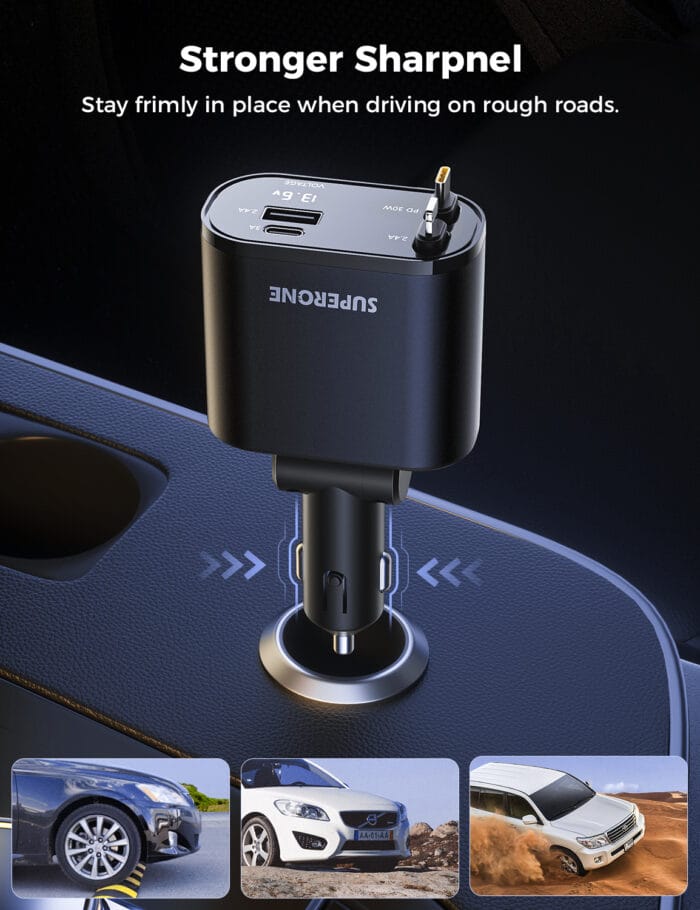 SUPERONE Retractable 4-in-1 Car Charger - Tangle-Free Fast Charging with 2.6ft Cord for All iPhones, Galaxy & Pixel - Image 2