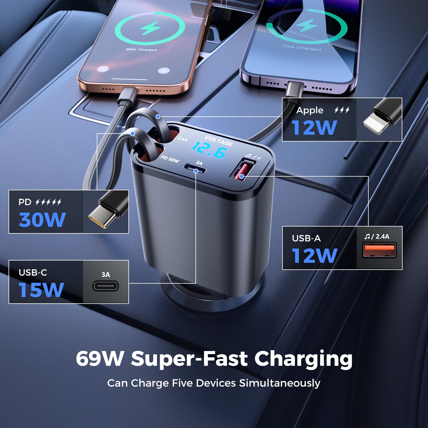 5 in 1 Retractable Car Charger, Small Bluetooth 5.3 Car Adapter, 69W Fast Car Charger, 2 Retractable Cables and USB Car Chargers 5 in 1 Retractable Car Charger, Small Bluetooth 5.3 Car Adapter, 69W Fast Car Charger, 2 Retractable Cables and USB Car Chargers - Image 7