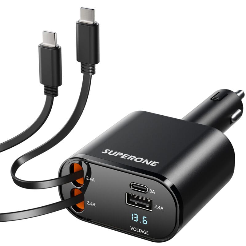 SUPERONE Retractable 4-in-1 Car Charger with Dual USB-C, PD 60W Fast Charging for iPhone SUPERONE Retractable 4-in-1 Car Charger with Dual USB-C, PD 60W Fast Charging for iPhone